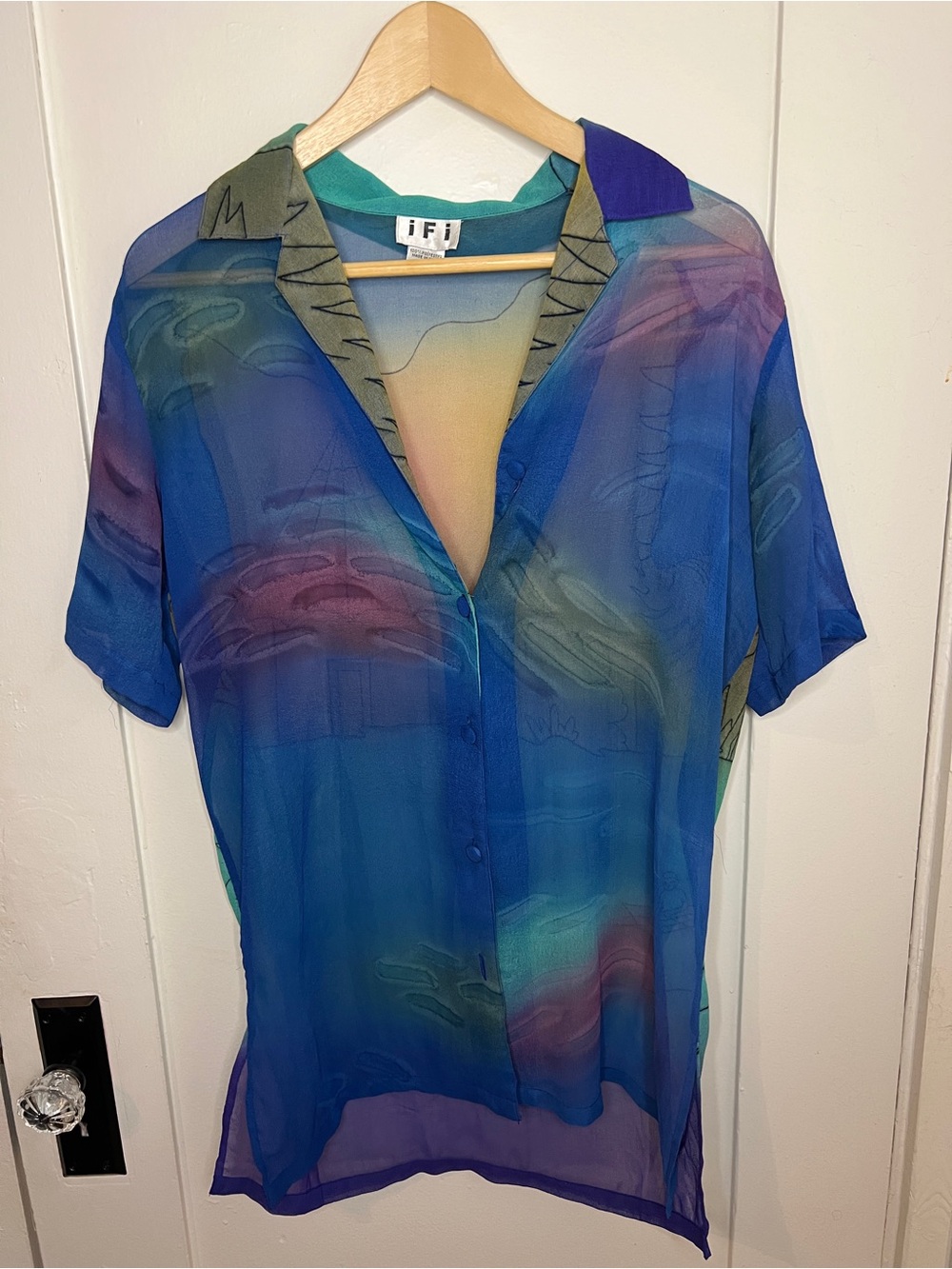 Blue Sheer Short-Sleeve Button-Down Shirt